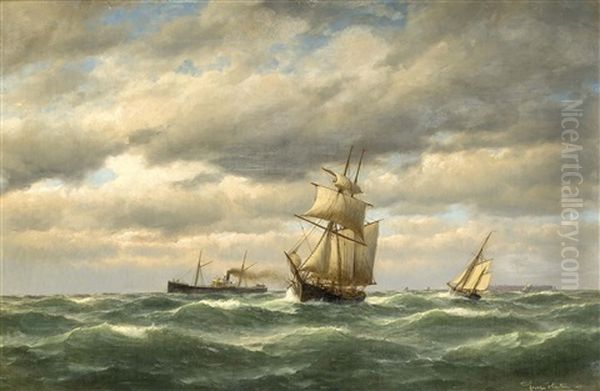 Dampfer U. Segler Auf See Vor Helgoland Im Hintergr. Oil Painting by Franz Johann Armand von Werdt