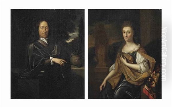 Portrait Of Adriaan De Lange (1633-1693); Portrait Of Margaretha Bonser (1629-1711) (pair) Oil Painting by Pieter van der Werff