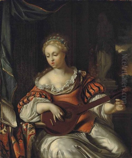 A Lady Playing The Lute In A Portico Oil Painting by Pieter van der Werff