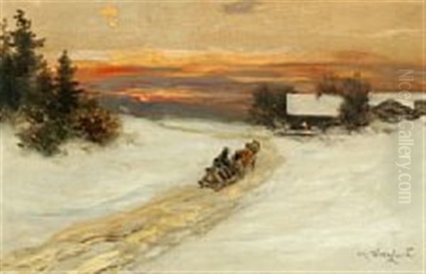 Sunset Scenery From The Mountains With A Horsedrawn Sleigh In Front Oil Painting by Oscar Arnold Wergeland