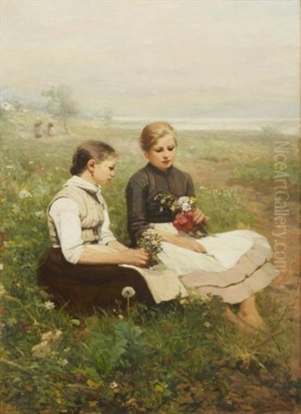 Flickor Pa Blomsterang Oil Painting by Oscar Arnold Wergeland