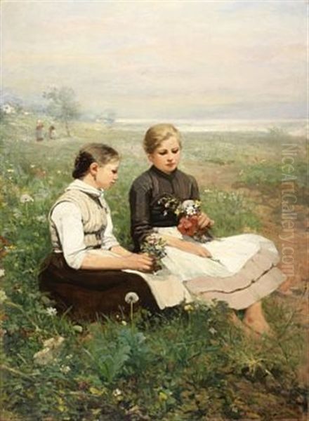 Piker I Blomstereng Oil Painting by Oscar Arnold Wergeland