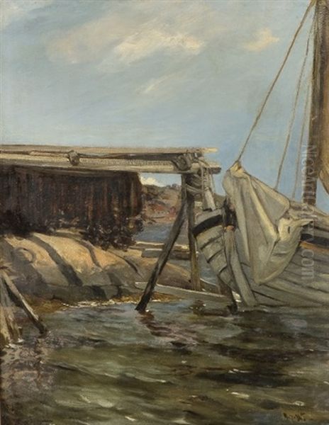 Drying Nets By A Harbour At Tromoen Oil Painting by Oscar Arnold Wergeland