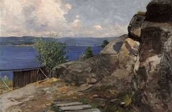 Fjordlandskap I Solskinn Oil Painting by Oscar Arnold Wergeland