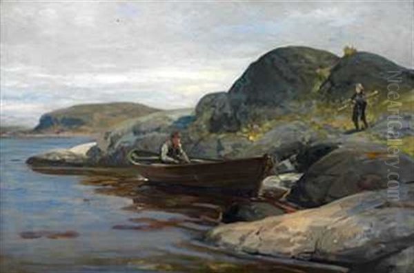 Vedsanking I Fjaera Oil Painting by Oscar Arnold Wergeland