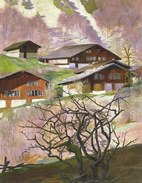 Chalets Dans Un Paysage A L'arbuste Gris (chalets In A Landscape With A Grey Tree) Oil Painting by Ludwig Werlen