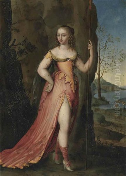 Portrait Of A Lady, Full-length, As Diana, In A Rocky Landscape Oil Painting by Joseph Werner the Younger