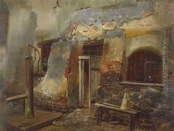 Kleiner Hof Mit Wasserpumpe Oil Painting by Adolf Werner