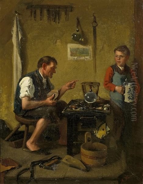 Beim Schuster Oil Painting by Adolf Werner