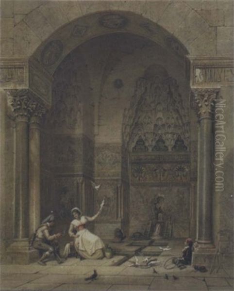 The Fountain Hall In The Zisa, Palermo Oil Painting by Carl Friedrich Heinrich Werner