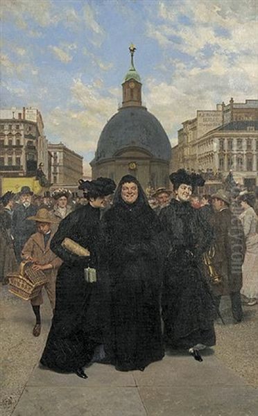 Berliner Strasenszene. Drei Sich Amusierende Witwen Mit Ihren Einkaufen, Im Hintergrund Der Stilisierte Berliner Dom Oil Painting by Fritz (Alexander Friedrich) Werner