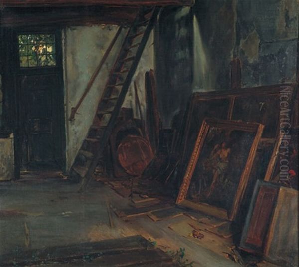 Interieur Aus Hoorn. Blick In Den Gemaldespeicher Eines Hollandischen Antiquars Oil Painting by Fritz (Alexander Friedrich) Werner