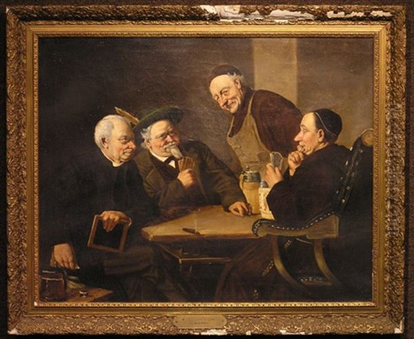 A Friendly Game Oil Painting by Fritz (Alexander Friedrich) Werner