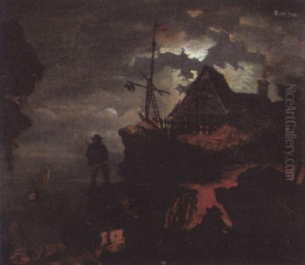 Nachtliche Kustenpartie Oil Painting by Fritz (Alexander Friedrich) Werner