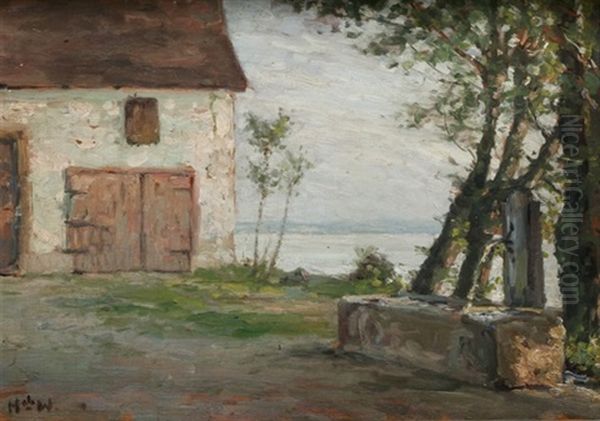 Bodenseelandschaft Mit Gehoft Und Brunnen Im Vordergrund by Heinrich Ferdinand Werner