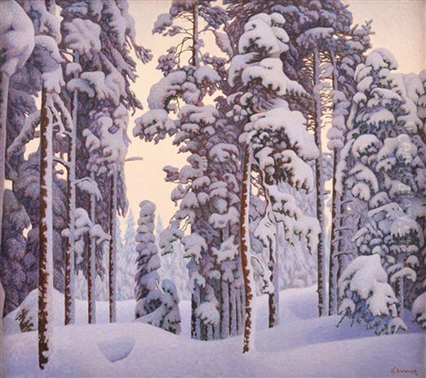 Snotyngt Vinterlandskap Oil Painting by Hilding Werner