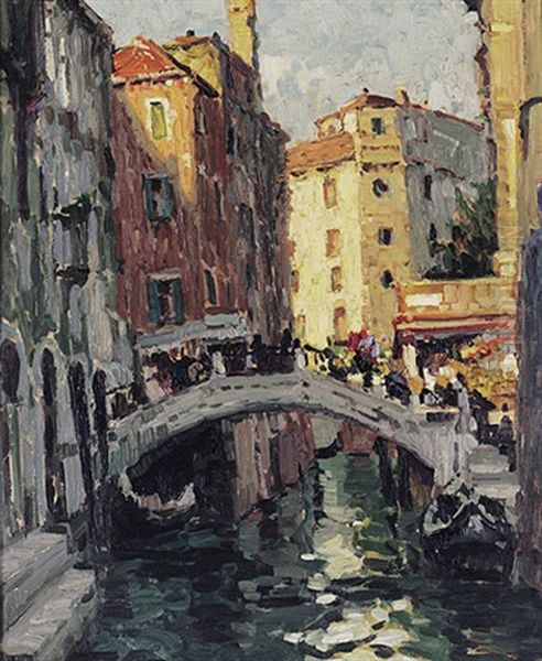 Venezianische Kanalansicht Mit Schrag Einfallendem Sonnenlicht Und Malerischer Brucke Oil Painting by Max Werner