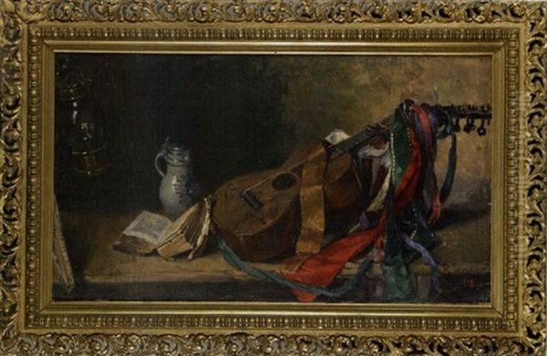 Stilleben Mit Gitarre, Buch Und Krug Oil Painting by Reinhold Werner