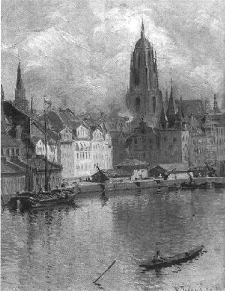 Blick Vom Sachsenhauser Ufer Auf Den Dom Zu Frankfurt Am Main Oil Painting by Reinhold Werner