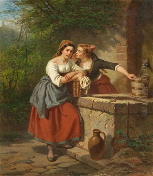 Two Girls In Costume At A Well Oil Painting by Hermann Werner