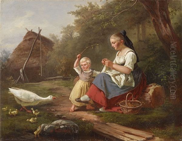 The Girl And The Goose Mother Oil Painting by Hermann Werner