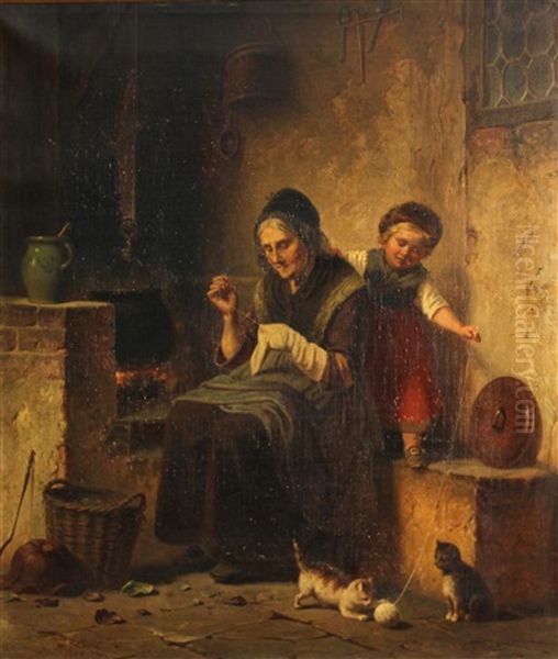 Playing With The Kitten Oil Painting by Hermann Werner