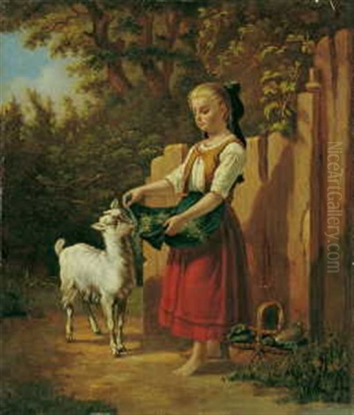 Junges Madchen Eine Ziege Futternd Oil Painting by Hermann Werner