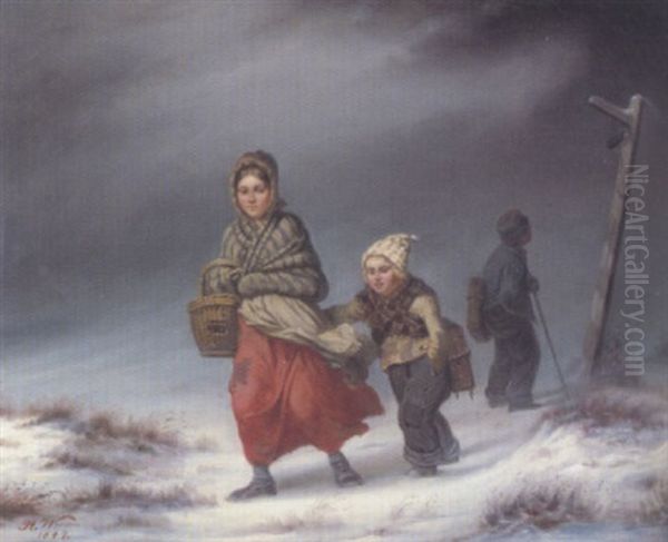 Kinder Im Schnee Oil Painting by Hermann Werner