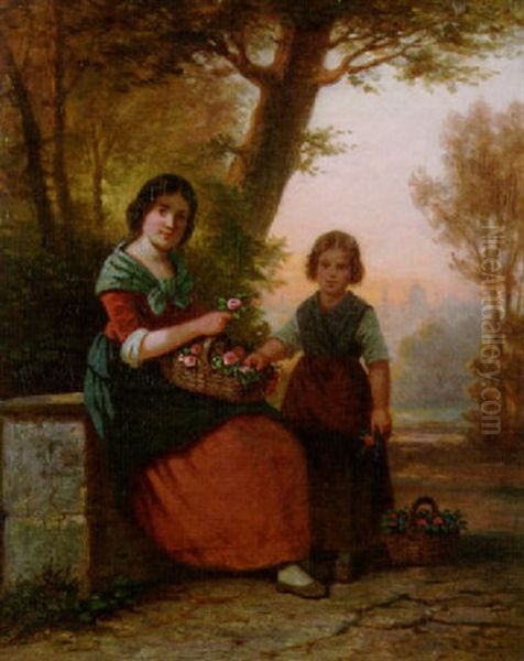 Zwei Blumenmadchen Vor Der Silhouette Von Florenz Oil Painting by Hermann Werner