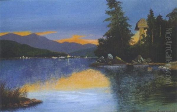 Abend In St. Gilgen, Motiv Am Hochzeitskreuz, Wolfgangsee Oil Painting by Heinrich Wertheim