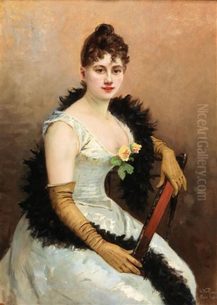 Lady With Feather Boa Oil Painting by Gustave Wertheimer