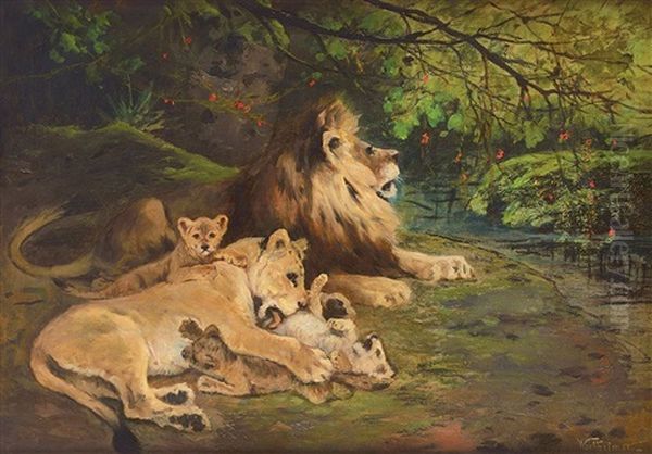 Famille De Lions Oil Painting by Gustave Wertheimer