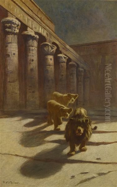 Lion Et Lionnes Dans Un Temple Egyptien by Gustave Wertheimer