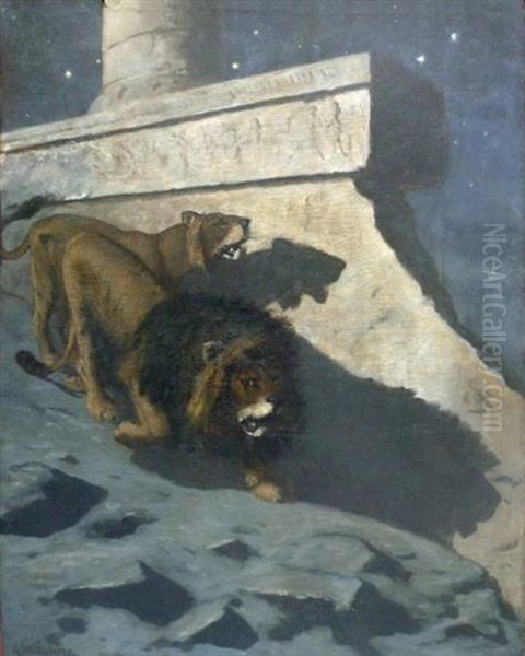 Couple De Lions Devant Des Temples En Egypte Oil Painting by Gustave Wertheimer