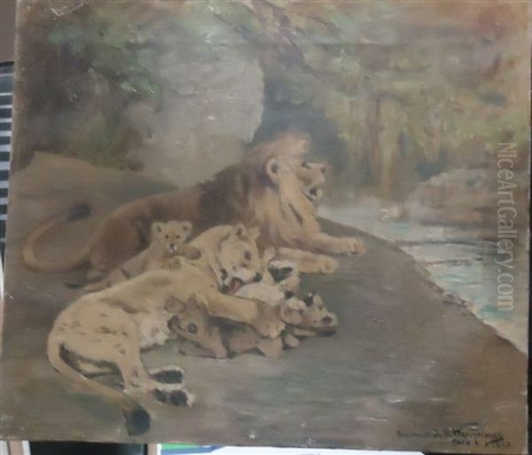 Une Famille De Lions Oil Painting by Gustave Wertheimer