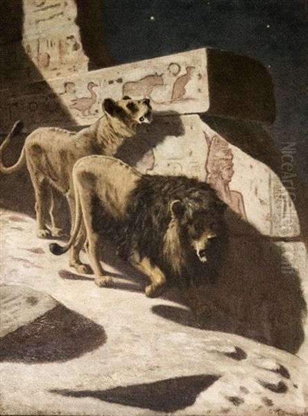 Lion And Lioness Amongst Egyptian Ruins Oil Painting by Gustave Wertheimer