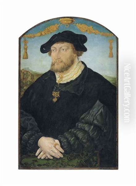 Portrait Of Johann Iii Of The Palatinate (1488-1538), Half-length, In A Black Slashed Doublet With A Black Overgown, In A Black Barett, A Landscape Beyond Oil Painting by Hans Wertinger