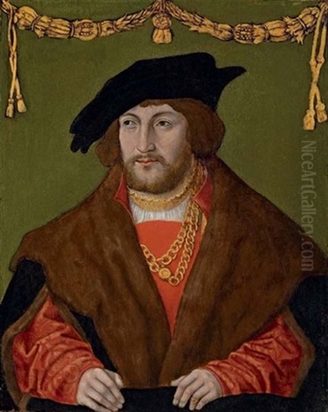 Portrait Of A Gentleman In A Red Doublet With A Brown Fur Cloak, A Gold Chain And A Black Cap Oil Painting by Hans Wertinger