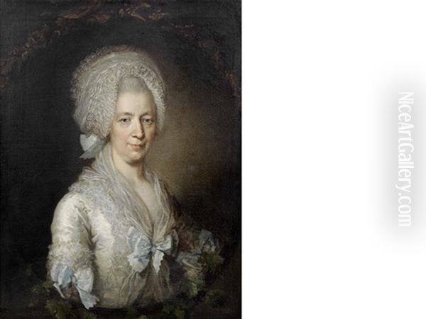 Portrait Of A Lady, Half-length, In A White Lace Dress And Bonnet, Within An Ivy Edge Oval Oil Painting by Adolf Ulrik Wertmuller