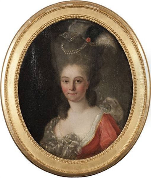 Portrait De Jeune Femme A La Coiffure Ornee De Perles Et De Plumes Oil Painting by Adolf Ulrik Wertmuller