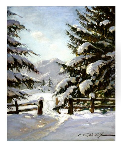 Winter Landscape Oil Painting by Kostantine Weschiloff Alexandrovich