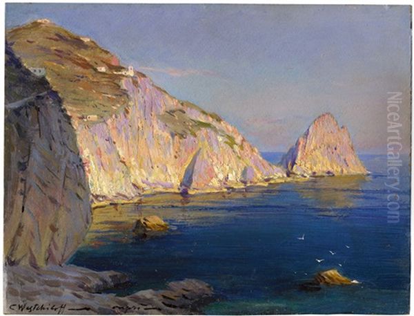 Die Faraglioni Auf Capri Bei Sonnenuntergang Oil Painting by Konstantin Weschtschiloff