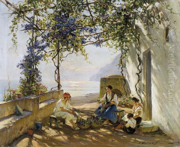 Frauen In Einer Glyzinien-pergola Auf Capri Oil Painting by Konstantin Weschtschiloff