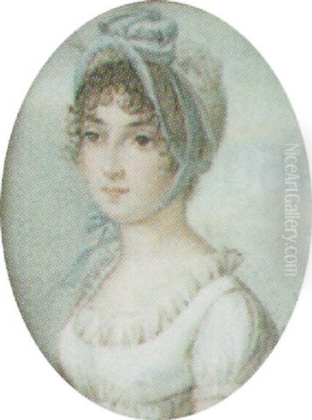 A Lady Wearing A Blue-trimmed White Lace Bonnet And A White Dress Oil Painting by Ernst Christian Weser