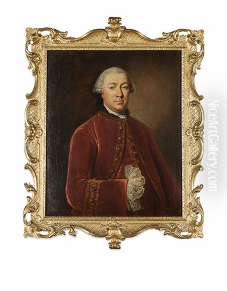 Half Length Portrait Of A Gentleman In A Burgundy Coat With Lace Cuffs Oil Painting by Jack Wessel