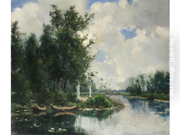 Baumgesaumter Fluss Mit Ruderbooten Oil Painting by Hendryk Jan Wessleng