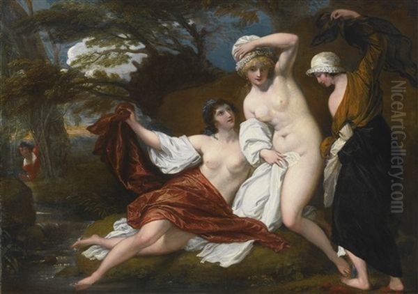 Musidora And Her Two Companions, Sacharissa And Amoret, At Their Bath Espied By Damon Oil Painting by Benjamin West