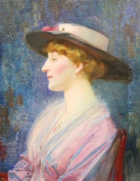 Portrait Of A Lady Wearing A Broad Brimmed Hat And Pink Dress by Joseph Walter West