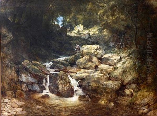 Fishermen And Other Figures By A Rocky Waterfall, Bettws-y-coed Oil Painting by William West