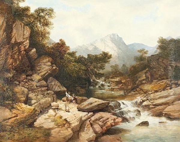 Rocky River Landscape With Children Angling Oil Painting by William West